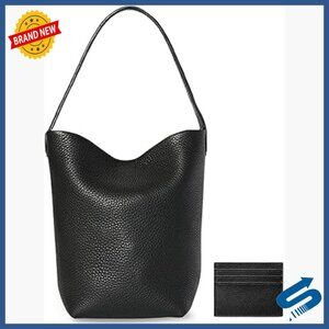 Genuine Leather Bucket Tote Bag with Credit Card Holder Wallet